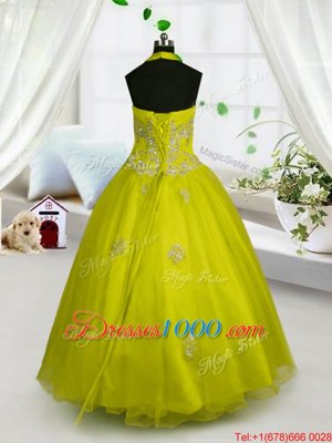A-line Party Dress for Toddlers Yellow Halter Top Tulle Sleeveless Floor Length Lace Up