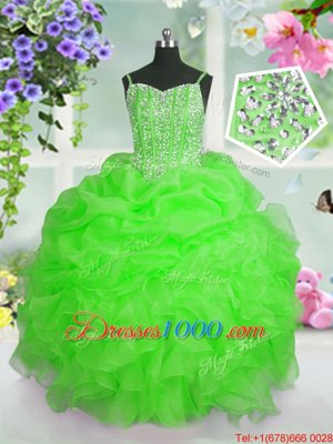 Organza Straps Sleeveless Lace Up Beading and Ruffles and Pick Ups Little Girls Pageant Dress in Apple Green