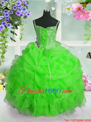 Organza Straps Sleeveless Lace Up Beading and Ruffles and Pick Ups Little Girls Pageant Dress in Apple Green