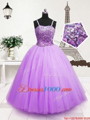 Trendy Lavender Tulle Zipper Spaghetti Straps Sleeveless Floor Length Kids Pageant Dress Beading and Sequins