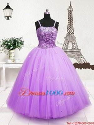 Trendy Lavender Tulle Zipper Spaghetti Straps Sleeveless Floor Length Kids Pageant Dress Beading and Sequins