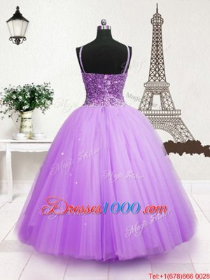 Trendy Lavender Tulle Zipper Spaghetti Straps Sleeveless Floor Length Kids Pageant Dress Beading and Sequins