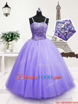 Blue Ball Gowns Spaghetti Straps Sleeveless Tulle Floor Length Zipper Beading and Sequins Little Girl Pageant Gowns