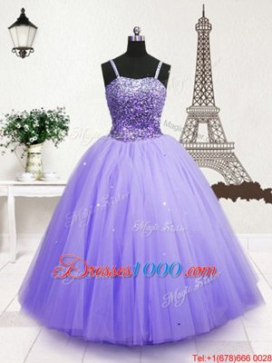 Blue Ball Gowns Spaghetti Straps Sleeveless Tulle Floor Length Zipper Beading and Sequins Little Girl Pageant Gowns