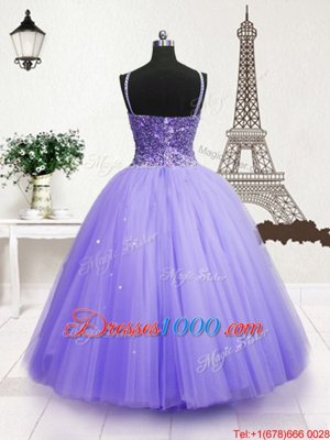 Blue Ball Gowns Spaghetti Straps Sleeveless Tulle Floor Length Zipper Beading and Sequins Little Girl Pageant Gowns