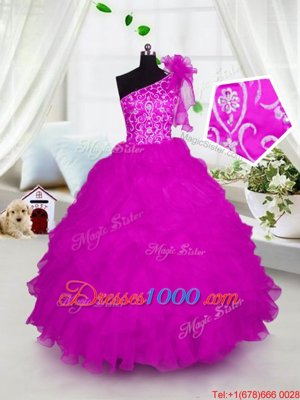 Hot Pink Lace Up One Shoulder Appliques and Ruffles Little Girls Pageant Gowns Organza Short Sleeves