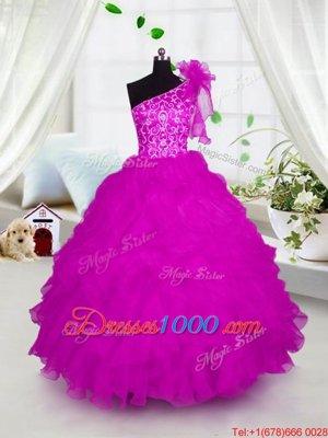 Hot Pink Lace Up One Shoulder Appliques and Ruffles Little Girls Pageant Gowns Organza Short Sleeves