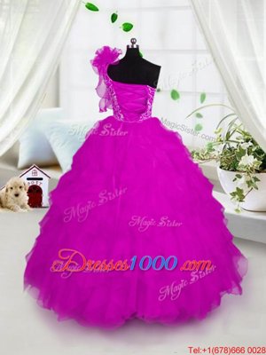 Hot Pink Lace Up One Shoulder Appliques and Ruffles Little Girls Pageant Gowns Organza Short Sleeves