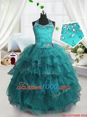 Custom Made Light Blue Organza Lace Up Straps Sleeveless Floor Length Little Girls Pageant Gowns Beading and Ruffled Layers and Hand Made Flower