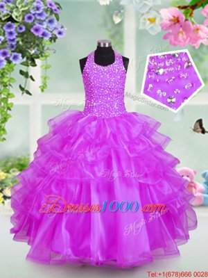 Cheap Halter Top Lilac Organza Lace Up Little Girls Pageant Dress Sleeveless Floor Length Beading and Ruffled Layers