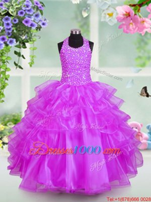 Cheap Halter Top Lilac Organza Lace Up Little Girls Pageant Dress Sleeveless Floor Length Beading and Ruffled Layers