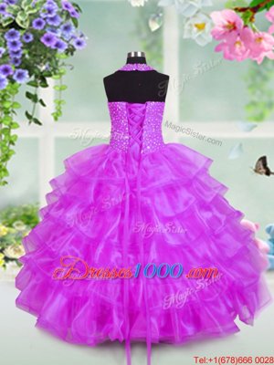 Cheap Halter Top Lilac Organza Lace Up Little Girls Pageant Dress Sleeveless Floor Length Beading and Ruffled Layers