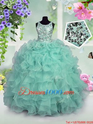 Organza Scoop Sleeveless Zipper Ruffles and Sequins Pageant Gowns For Girls in Turquoise