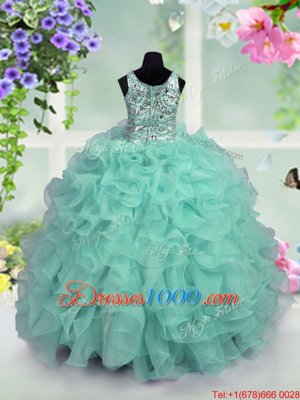 Organza Scoop Sleeveless Zipper Ruffles and Sequins Pageant Gowns For Girls in Turquoise