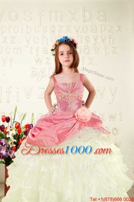New Arrival Pink Organza Lace Up Straps Sleeveless Floor Length Party Dress Wholesale Beading and Ruffled Layers and Hand Made Flower