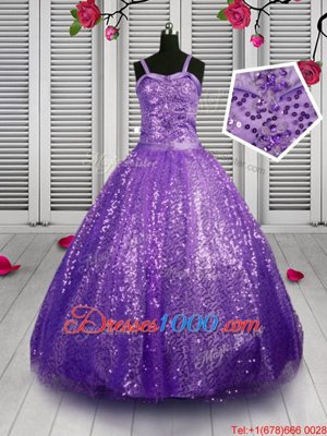 Low Price Sequins Floor Length Ball Gowns Sleeveless Lavender Little Girls Pageant Dress Wholesale Lace Up