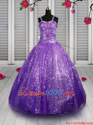 Low Price Sequins Floor Length Ball Gowns Sleeveless Lavender Little Girls Pageant Dress Wholesale Lace Up
