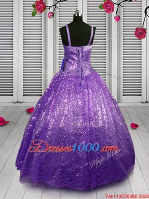 Low Price Sequins Floor Length Ball Gowns Sleeveless Lavender Little Girls Pageant Dress Wholesale Lace Up