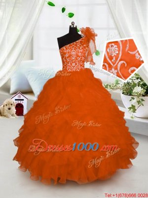 One Shoulder Sleeveless Embroidery and Ruffles Lace Up Little Girls Pageant Gowns