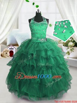 Scoop Floor Length Lace Up Party Dress for Toddlers Peacock Green and In for Party and Wedding Party with Beading and Ruffled Layers