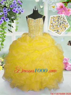 Sleeveless Floor Length Beading and Ruffles and Pick Ups Lace Up Little Girls Pageant Dress Wholesale with Gold