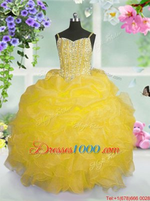 Sleeveless Floor Length Beading and Ruffles and Pick Ups Lace Up Little Girls Pageant Dress Wholesale with Gold