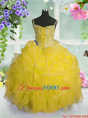 Sleeveless Floor Length Beading and Ruffles and Pick Ups Lace Up Little Girls Pageant Dress Wholesale with Gold