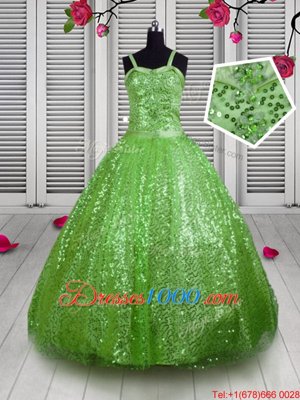 Hot Selling Apple Green Ball Gowns Beading and Sequins Girls Pageant Dresses Lace Up Sequined Sleeveless Floor Length