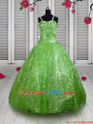 Hot Selling Apple Green Ball Gowns Beading and Sequins Girls Pageant Dresses Lace Up Sequined Sleeveless Floor Length