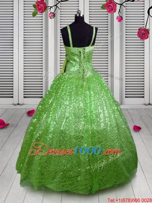 Hot Selling Apple Green Ball Gowns Beading and Sequins Girls Pageant Dresses Lace Up Sequined Sleeveless Floor Length