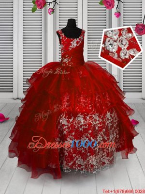 Red Ball Gowns Appliques and Ruffled Layers Womens Party Dresses Lace Up Organza Sleeveless Floor Length