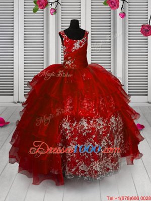 Red Ball Gowns Appliques and Ruffled Layers Womens Party Dresses Lace Up Organza Sleeveless Floor Length