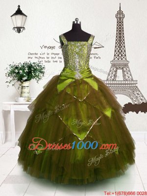 Floor Length Brown Party Dress for Girls Tulle Sleeveless Beading and Belt