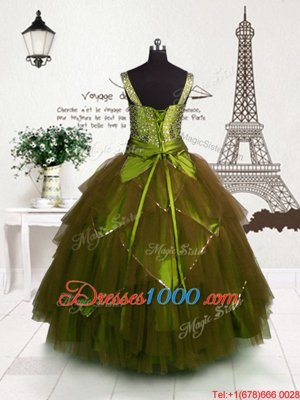 Floor Length Brown Party Dress for Girls Tulle Sleeveless Beading and Belt