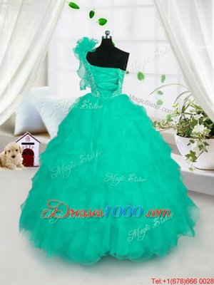 One Shoulder Turquoise Sleeveless Floor Length Embroidery and Ruffles Lace Up Little Girl Pageant Gowns