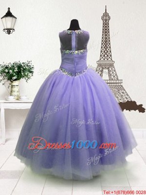 Hot Selling High-neck Sleeveless Child Pageant Dress Floor Length Beading Lavender Organza