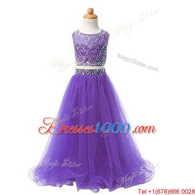 Fitting Scoop Beading Flower Girl Dresses for Less Lavender Zipper Sleeveless Floor Length