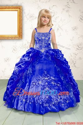 Royal Blue Spaghetti Straps Lace Up Beading and Appliques and Pick Ups Child Pageant Dress Sleeveless