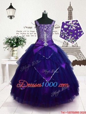 Purple Girls Pageant Dresses Party and Wedding Party and For with Beading and Belt Straps Sleeveless Lace Up