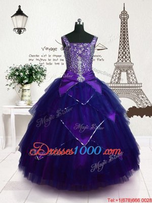 Purple Girls Pageant Dresses Party and Wedding Party and For with Beading and Belt Straps Sleeveless Lace Up