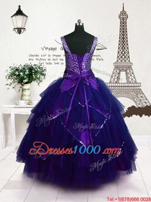 Purple Girls Pageant Dresses Party and Wedding Party and For with Beading and Belt Straps Sleeveless Lace Up