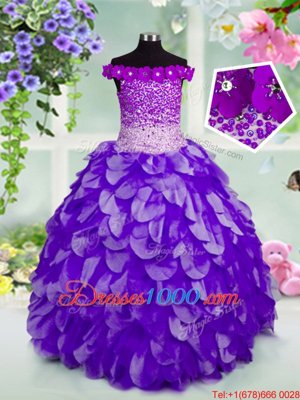 High Quality Off The Shoulder Sleeveless Lace Up Little Girl Pageant Gowns Navy Blue Organza