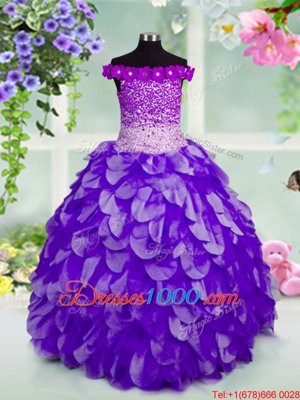 High Quality Off The Shoulder Sleeveless Lace Up Little Girl Pageant Gowns Navy Blue Organza