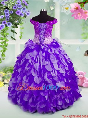 High Quality Off The Shoulder Sleeveless Lace Up Little Girl Pageant Gowns Navy Blue Organza