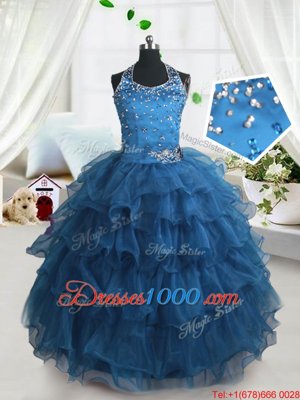 Ruffled Floor Length Teal Girls Pageant Dresses Spaghetti Straps Sleeveless Lace Up