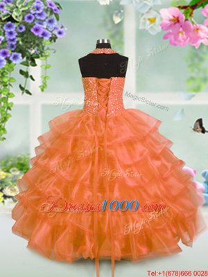 Halter Top Sleeveless Organza Little Girls Pageant Dress Beading and Ruffled Layers Lace Up
