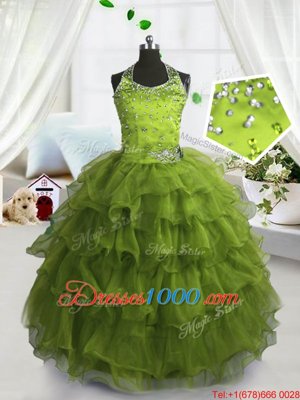 Olive Green Casual Dresses Party and Wedding Party and For with Beading and Ruffled Layers Scoop Sleeveless Lace Up
