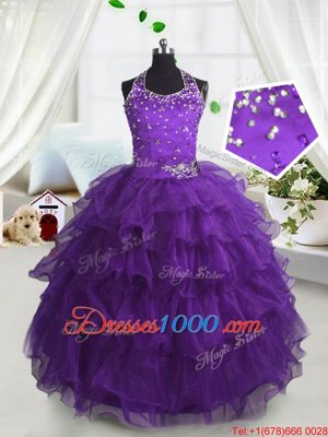 Eye-catching Scoop Sleeveless Floor Length Beading and Ruffled Layers Lace Up Little Girls Pageant Gowns with Purple
