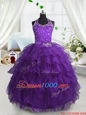 Eye-catching Scoop Sleeveless Floor Length Beading and Ruffled Layers Lace Up Little Girls Pageant Gowns with Purple