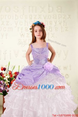 Custom Design Lilac Ball Gowns Organza Straps Sleeveless Beading and Ruffled Layers and Hand Made Flower Floor Length Lace Up Little Girls Pageant Dress Wholesale